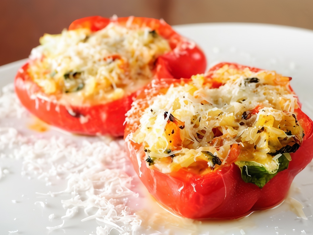 Baked Red Peppers Stuffed with Pasta and Cheese
