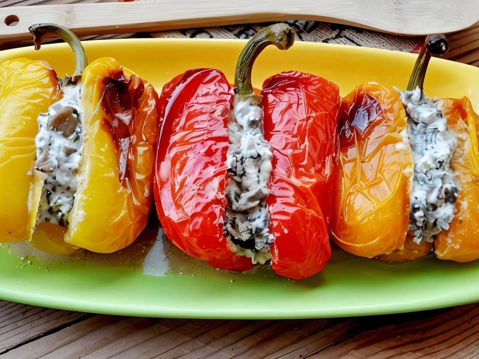 Baked Peppers Stuffed with Oyster Mushrooms and Cheese