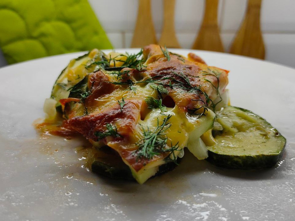 Zucchini Casserole with Tomato, Pepper, and Cheese