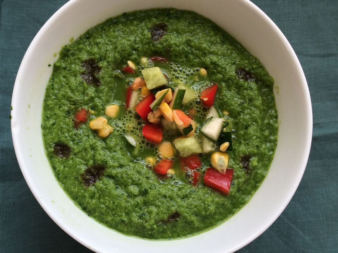 Green Gazpacho with Sorrel and Cucumber-Corn Dressing