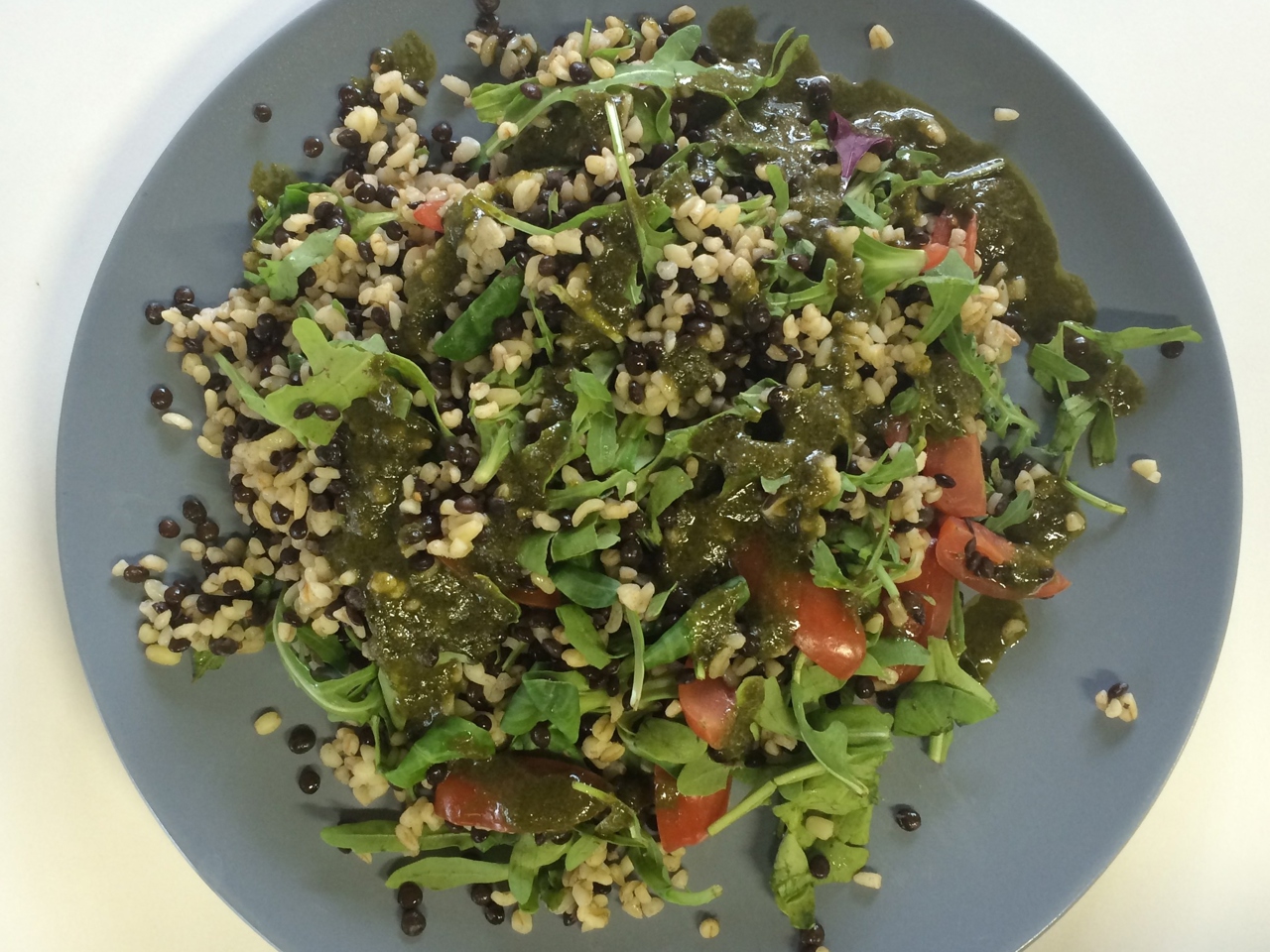 Green Salad with Bulgur, Beluga Lentils, and Mint Dressing