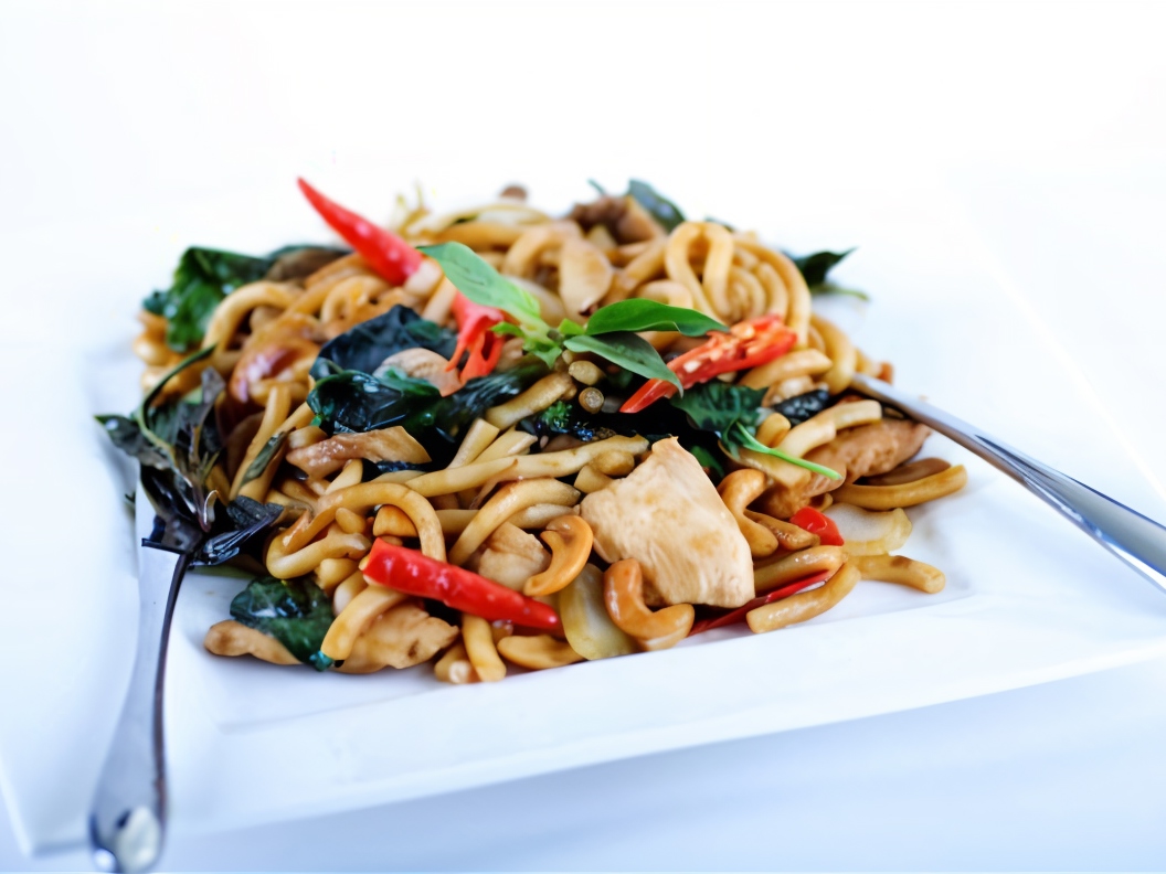 Fried Chicken and Udon Noodles with Chili, Cilantro, and Ginger