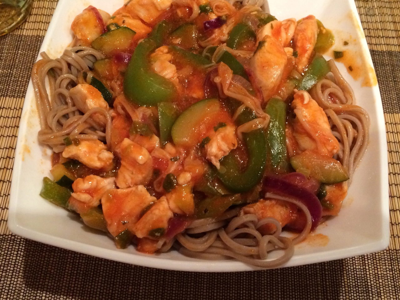 Fried Chicken with Green Pepper, Green Onions, and Soba Noodles in Chili Sauce