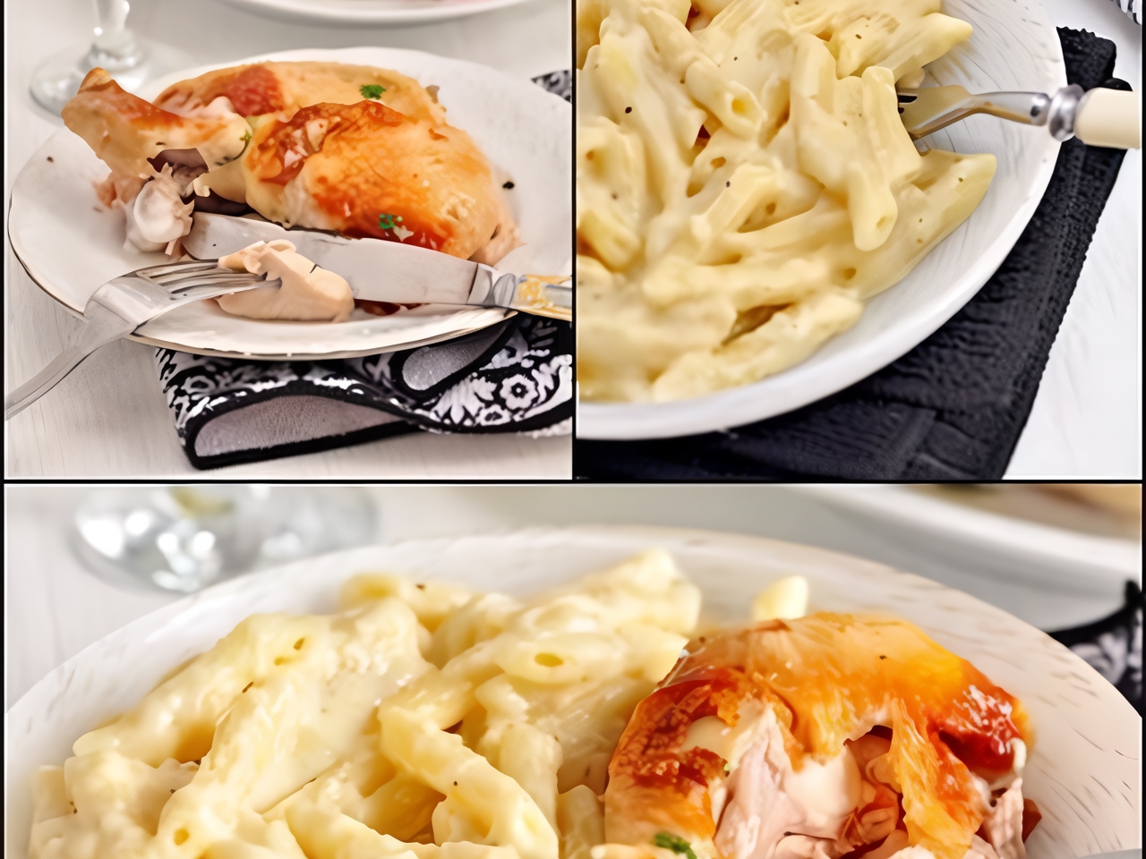 Fried Chicken with Garlic Sauce and Penne in Cheese-Cream Sauce