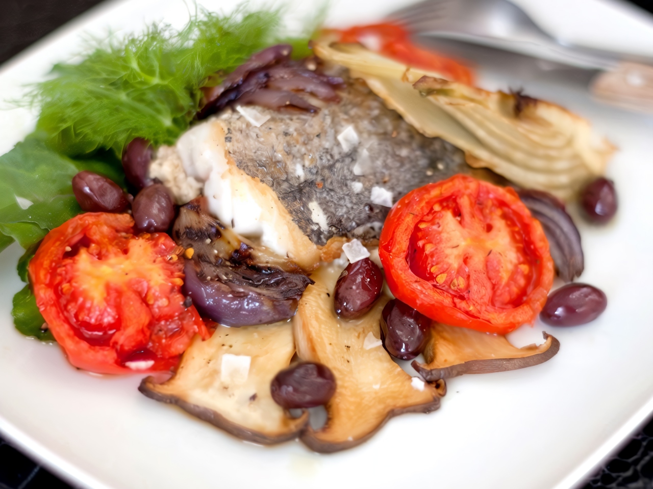 Fried Hake with Porcini Mushrooms, Roasted Fennel, Sweet Onion, and Tomatoes