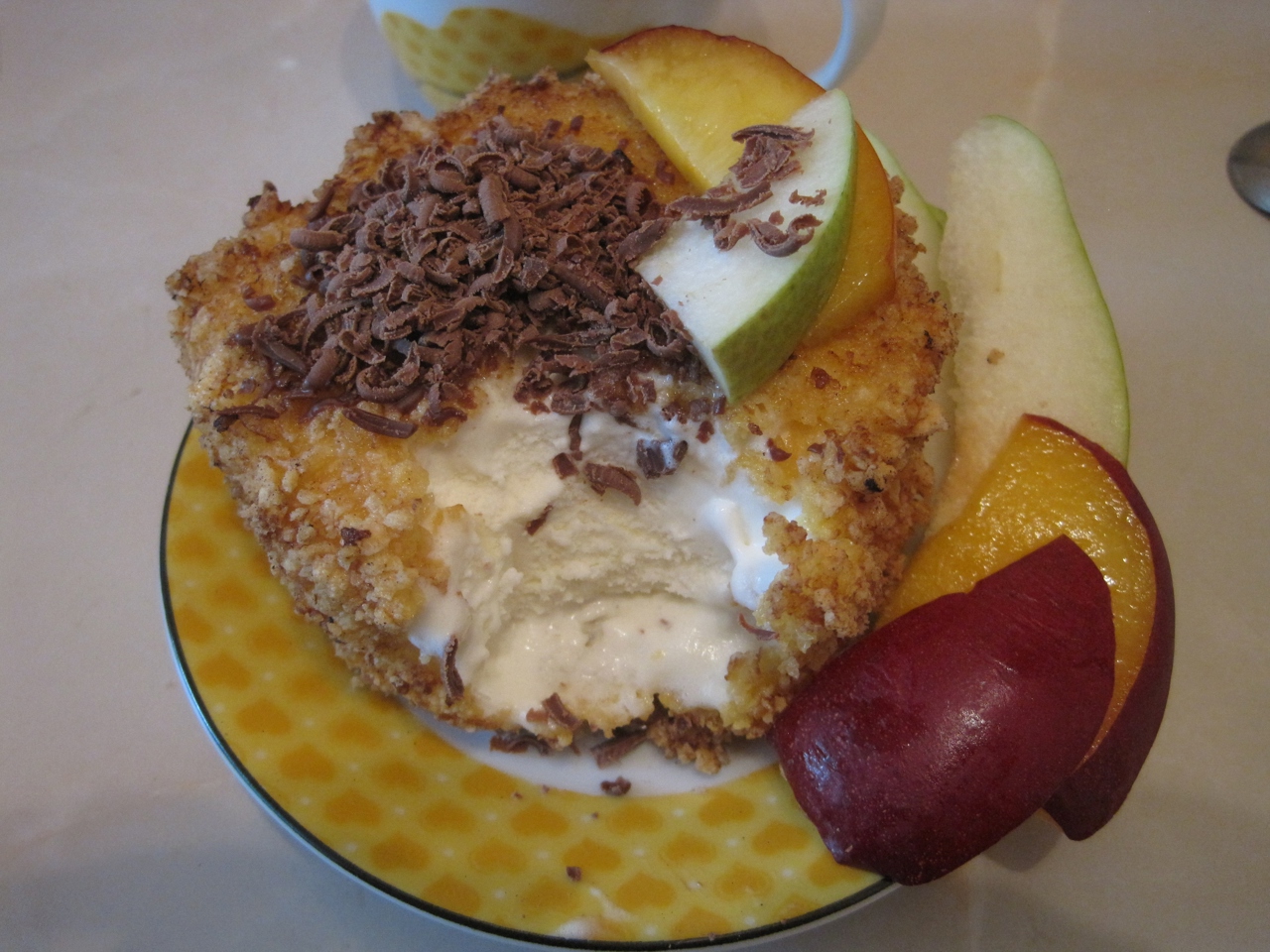 Fried Ice Cream with Chocolate, Pear, and Peach