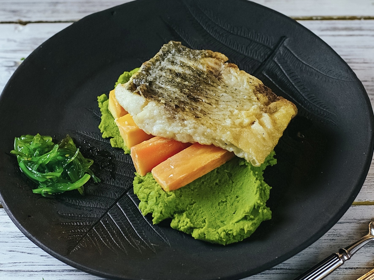 Fried Cheery with Pea Purée