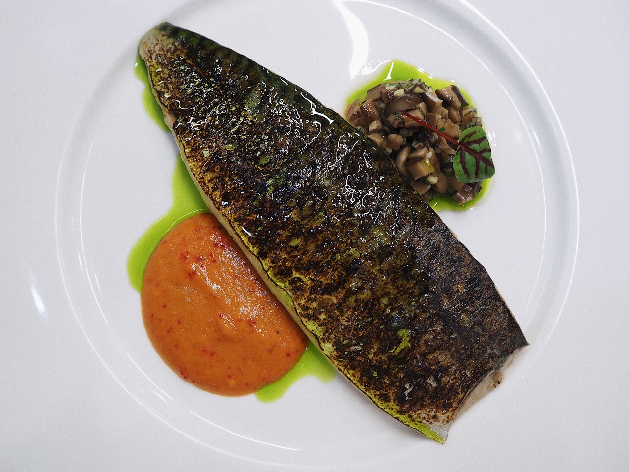 Burnt Mackerel with Coconut-Pepper Sauce and Pickled Mushroom Tartare