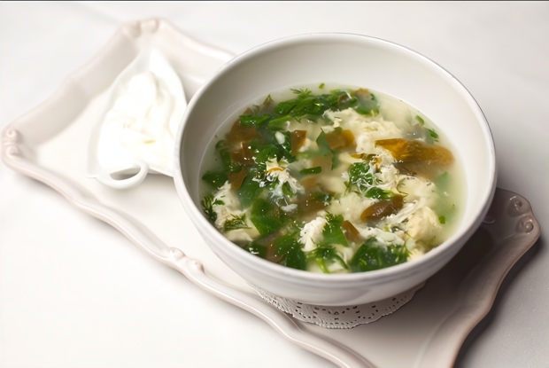 Легкий суп со щавелем и яйцом