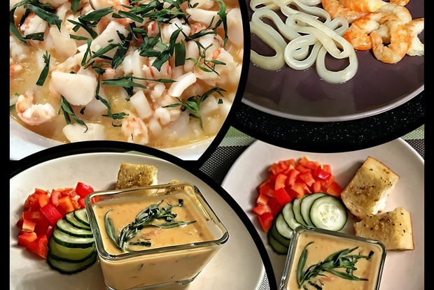 Морепродукты в сырно-сливочном соусе с чесночными гренками