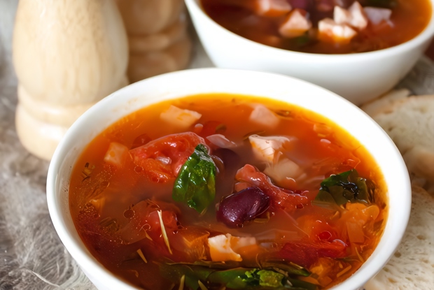 Острый мясной суп с томатом в микроволновой печи