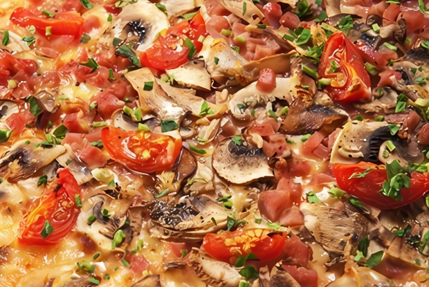 Пицца с грибами, помидорами и пряными травами
