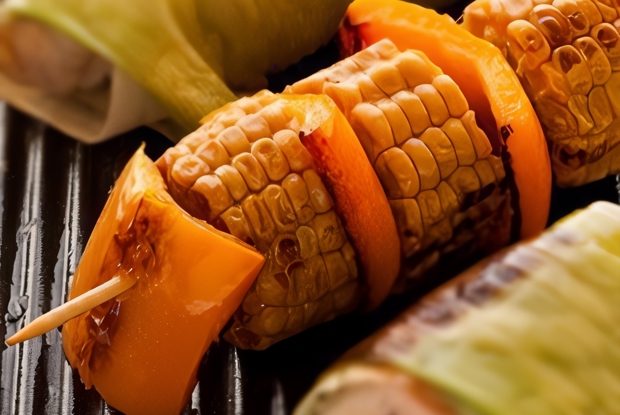 Шашлыки из разноцветных перцев и кукурузы на гриле в ароматном масле с кумином