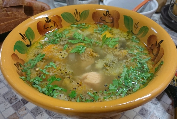 Суп с лисичками, семгой и соленым огурцом