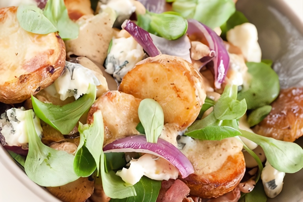 Теплый картофельный салат с маслинами, фетой и мятой