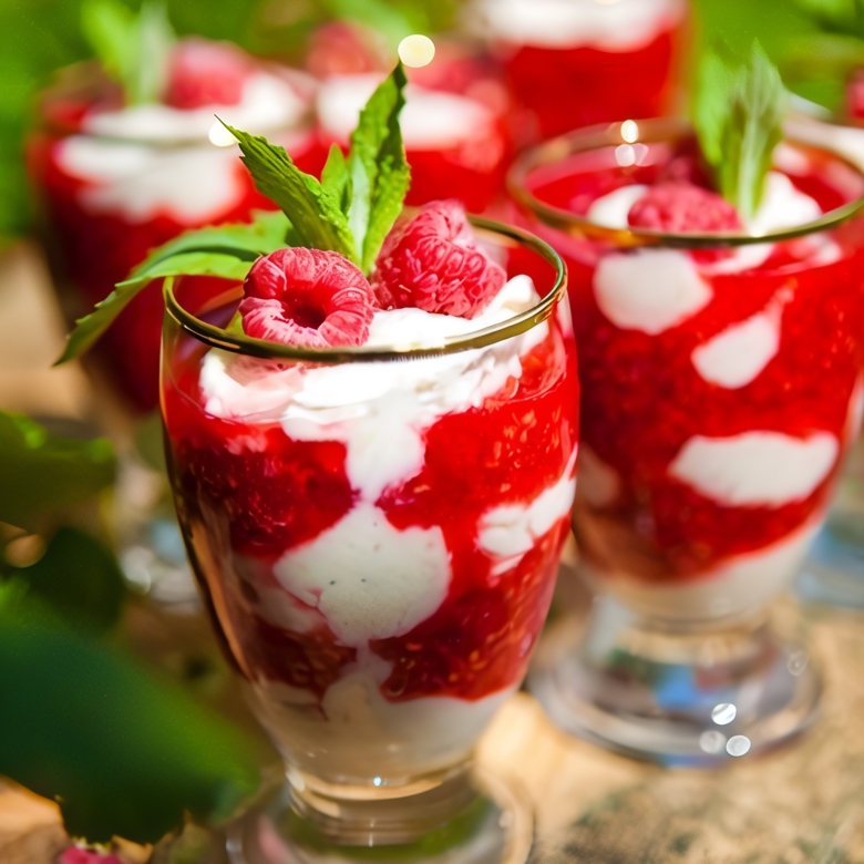Десерт из малины с меренгами и ягодным пюре