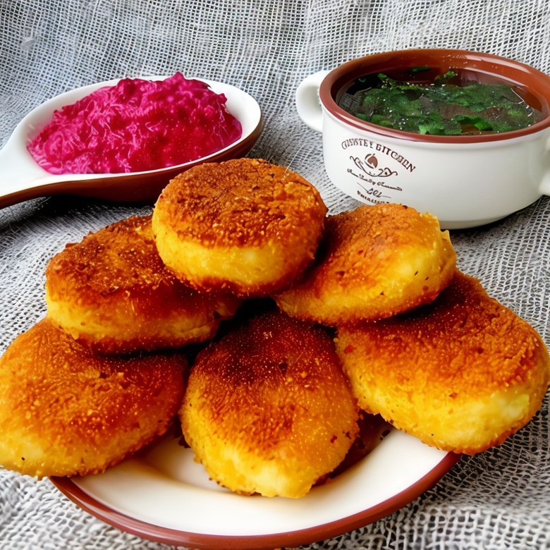 Картофельные пирожки с брынзой и свекольно-сметанным соусом