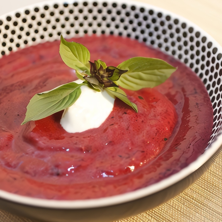 Красный фруктовый суп с мороженым из маскарпоне и мятой