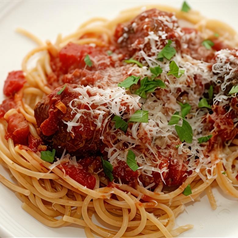 Мясные шарики со спагетти в томатном соусе