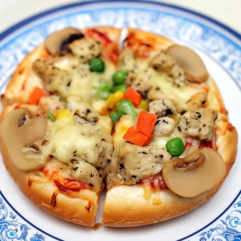 Пицца с рыбой, грибами и зеленым горошком