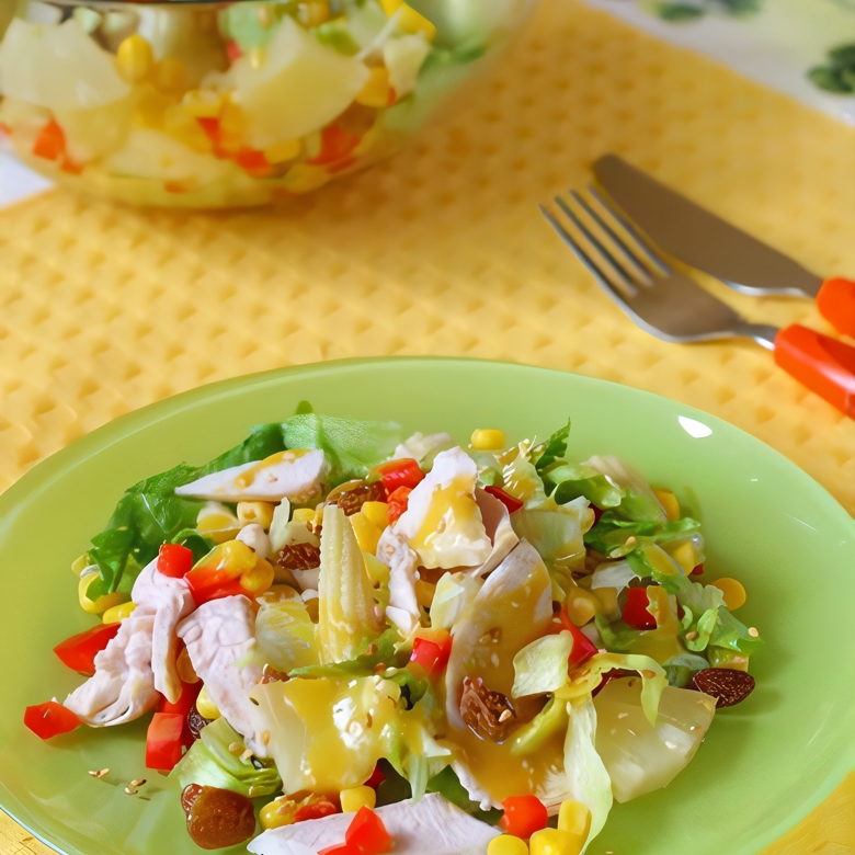 Рецепт Салат из курицы с ананасами и грибами. Калорийность, химический состав и пищевая ценность.