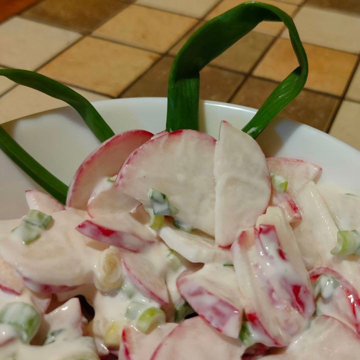 Салат из редиса и зеленого лука со сметаной