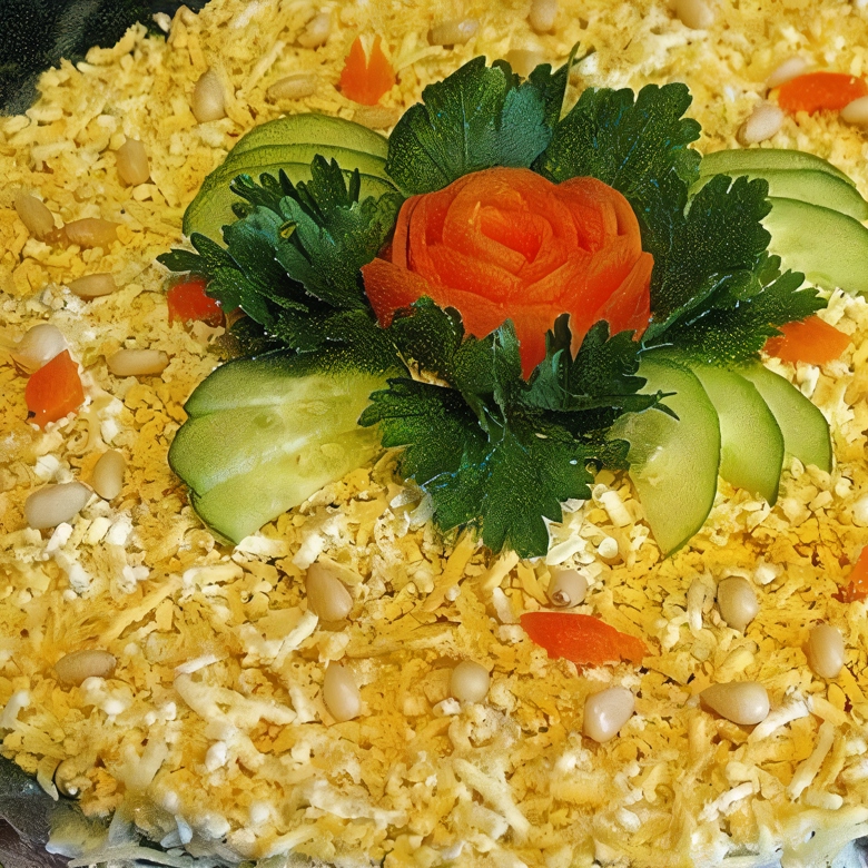 Салат с курицей, ананасом, сыром и грецкими орехами слоями — рецепт с фото
