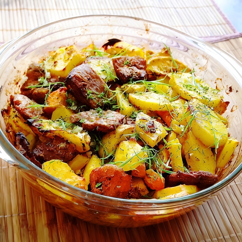 Соевое мясо с запечённым картофелем и овощами