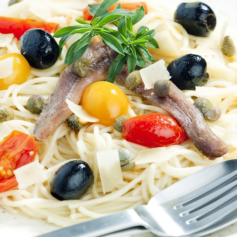 Спагетти с анчоусами, петрушкой, оливками и каперсами