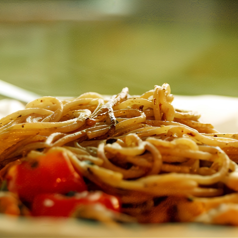 Спагетти с морепродуктами и помидорами черри