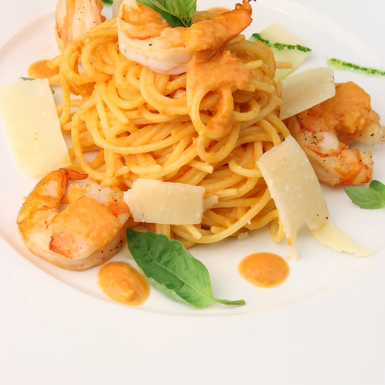 Спагетти с тигровыми креветками и соусом карри