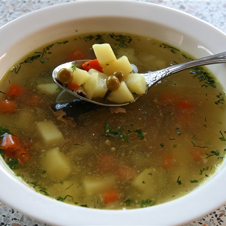 Суп из говядины с помидорами и консервированным зеленым горошком