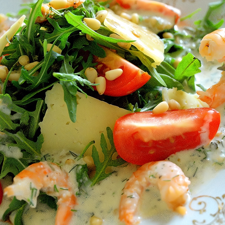 Сырный салат с креветками и помидорами