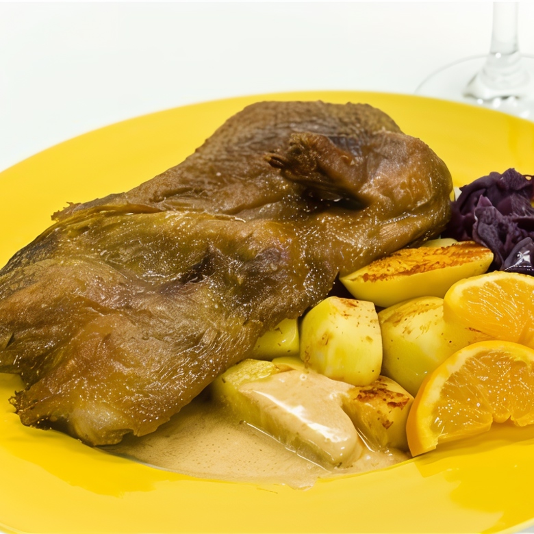 Жареная утка с картошкой и соусом