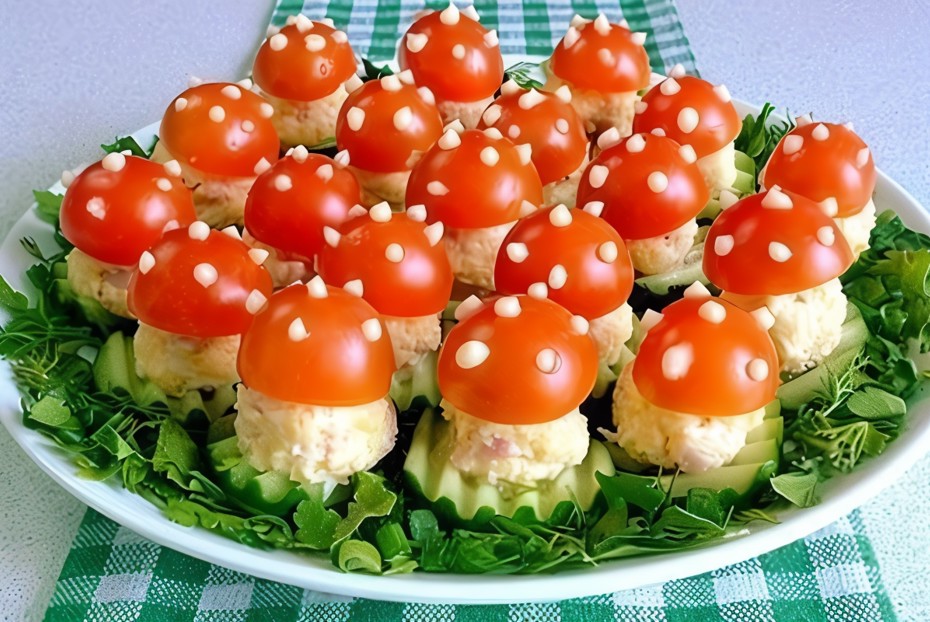 Фото рецепта Овощная закуска с ветчиной и яйцами «Мухомор»