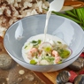 Фотография рецепта Белая окрошка с морепродуктами копченой треской и овощами автор Tatiana Shagina