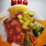 Фотография рецепта Колбаски гриль с картофельными дольками томатами и брокколи автор Татьяна Петрухина