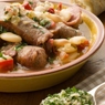 Фотография рецепта Колбаски с фасолевым рагу с соусом персилад автор Саша Давыденко
