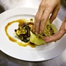 Фотография рецепта Семга на васабипюре с имбирным соусом грибами и листьями пакчой автор Еда