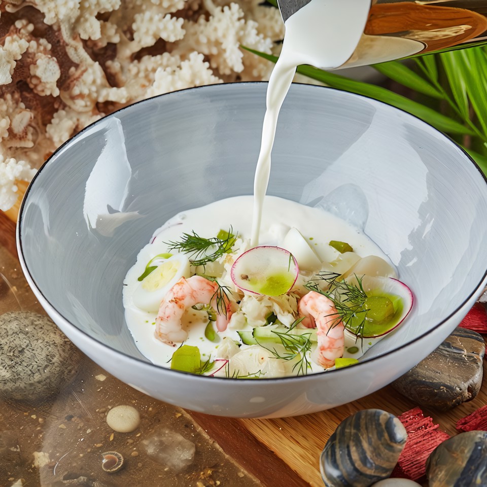 Белая окрошка с морепродуктами, копченой треской и овощами