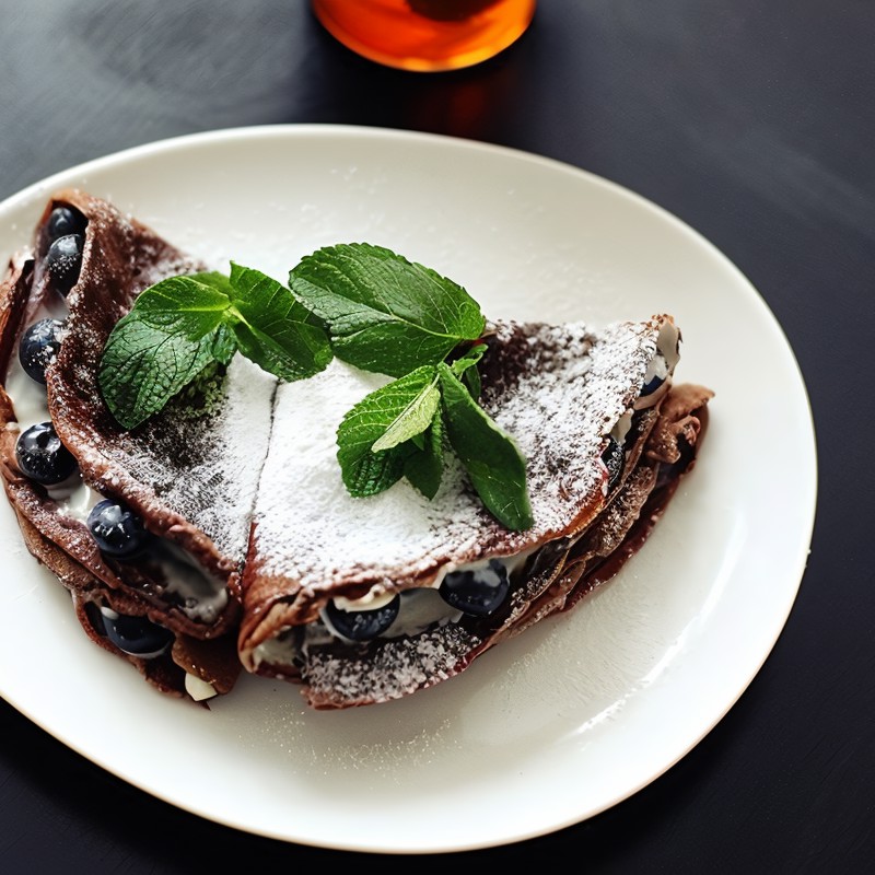 Блины из черемуховой муки с маскарпоне и голубикой