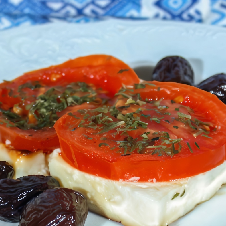 Брынза, запеченная с помидорами (Саганаки)