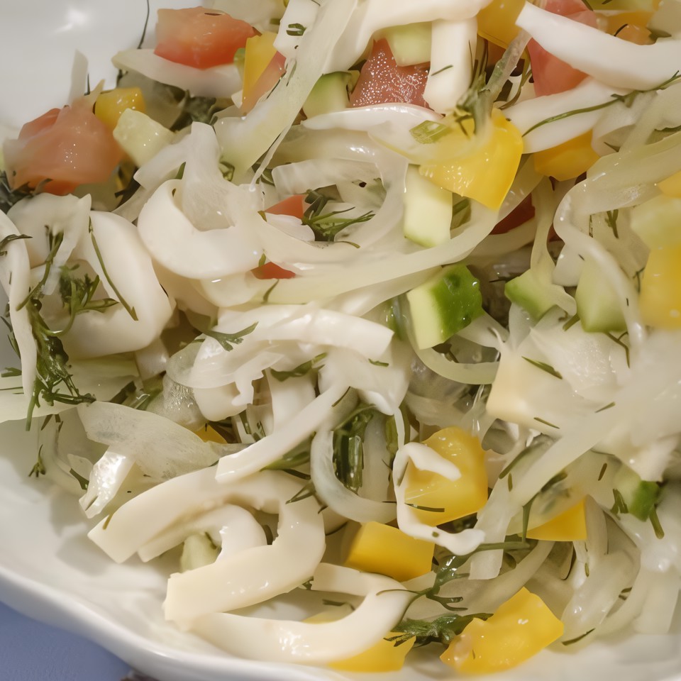 Cалат с кальмарами и маринованным луком