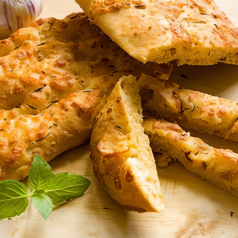 Фокачча с печеным чесноком, зеленым луком и сыром проволоне