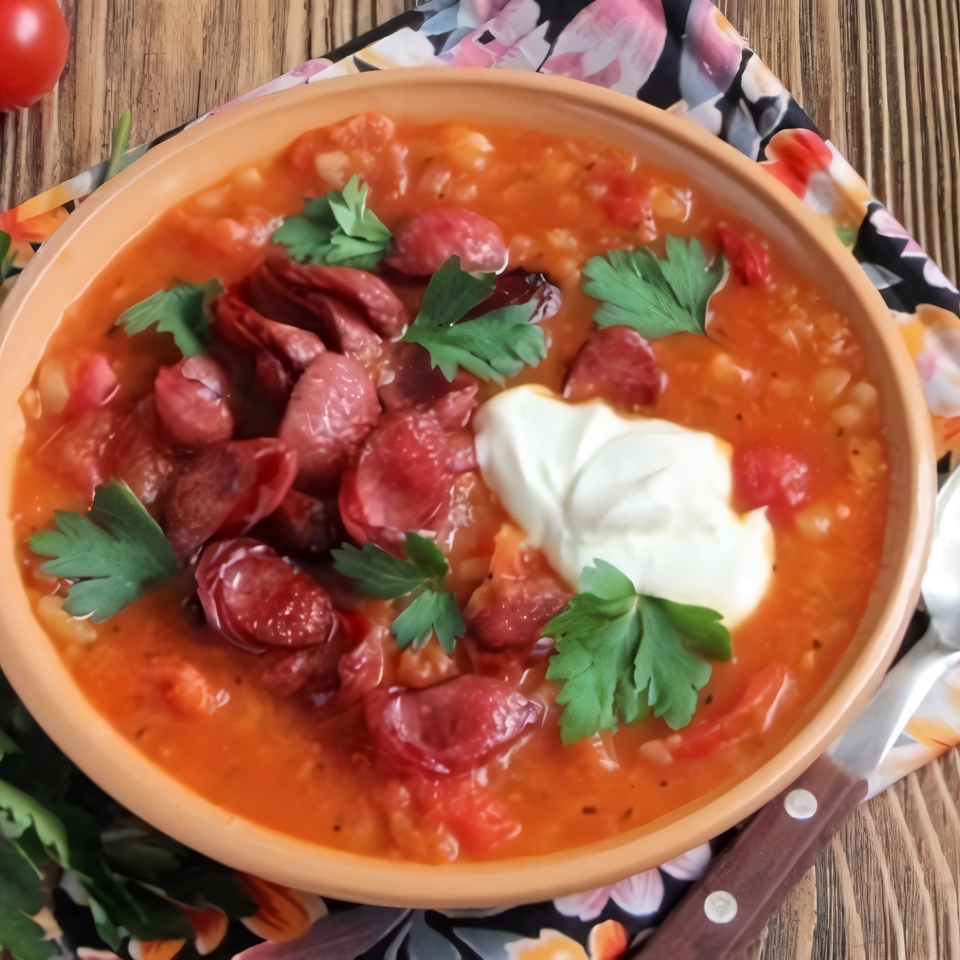 Густой томатный суп с копчеными колбасками