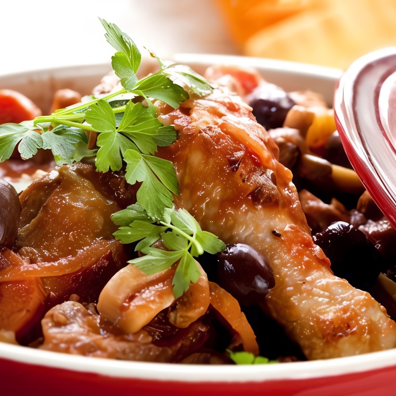 Курица с каперсами, анчоусами, чесноком и оливками в томатном соусе
