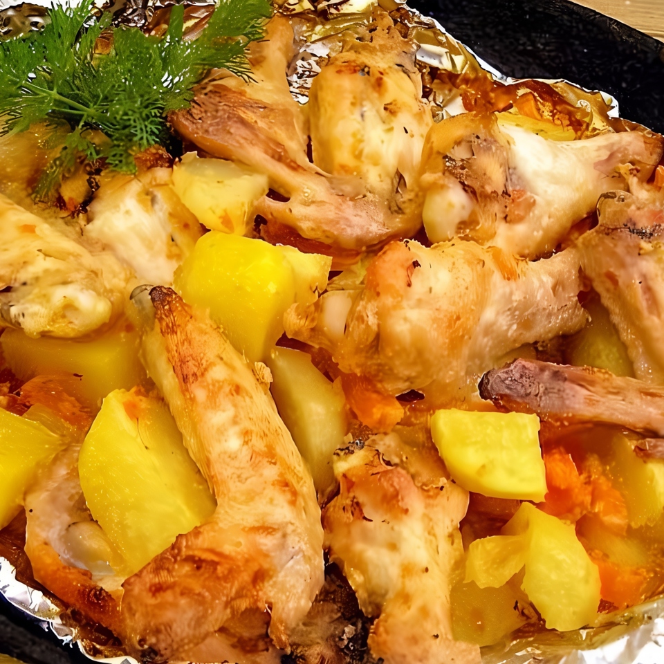 Куриные крылья с овощами в духовке