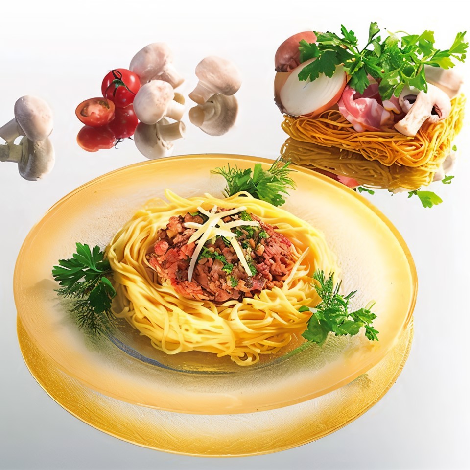 Лапша с копченой грудинкой и грибами