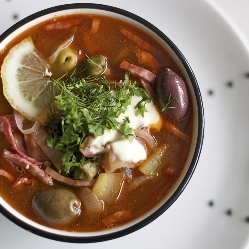 Мясная солянка с каперсами и солеными огурцами