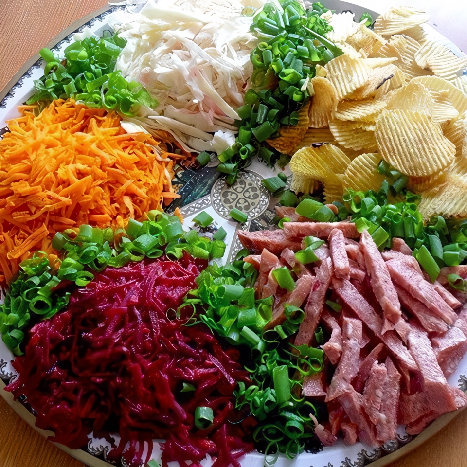 Овощной салат с копченой колбаской